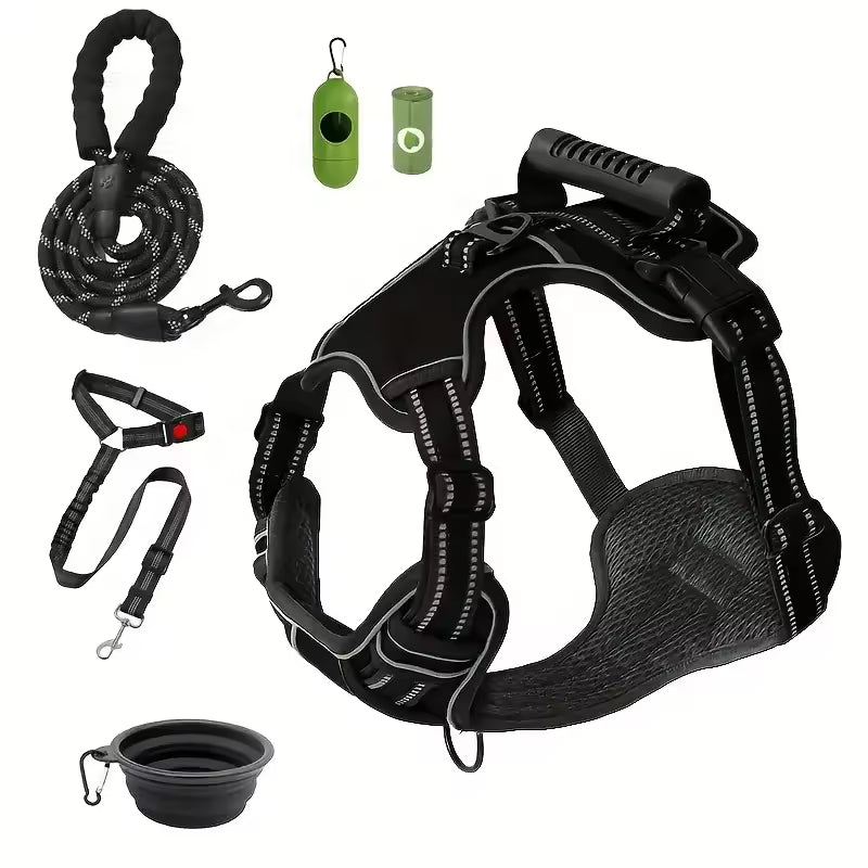 Tactical Service Dog Harness Strap Set, Car Seat Belt, Collapsible Bowl, Biodegradable Trash Bag Set For Dogs