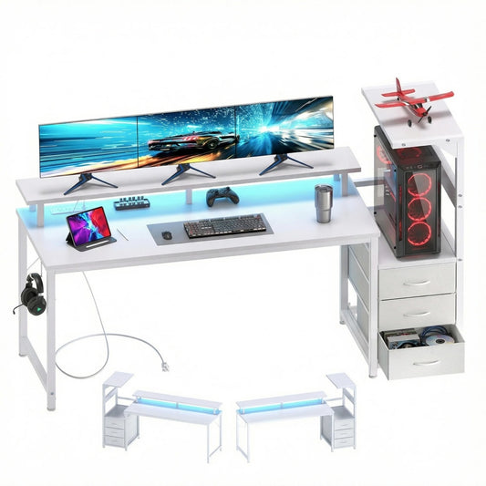 52-inch Gaming Table With Drawers And 3 Fabric Drawers, Equipped With USB Ports And LED Lights For The Computer Desk