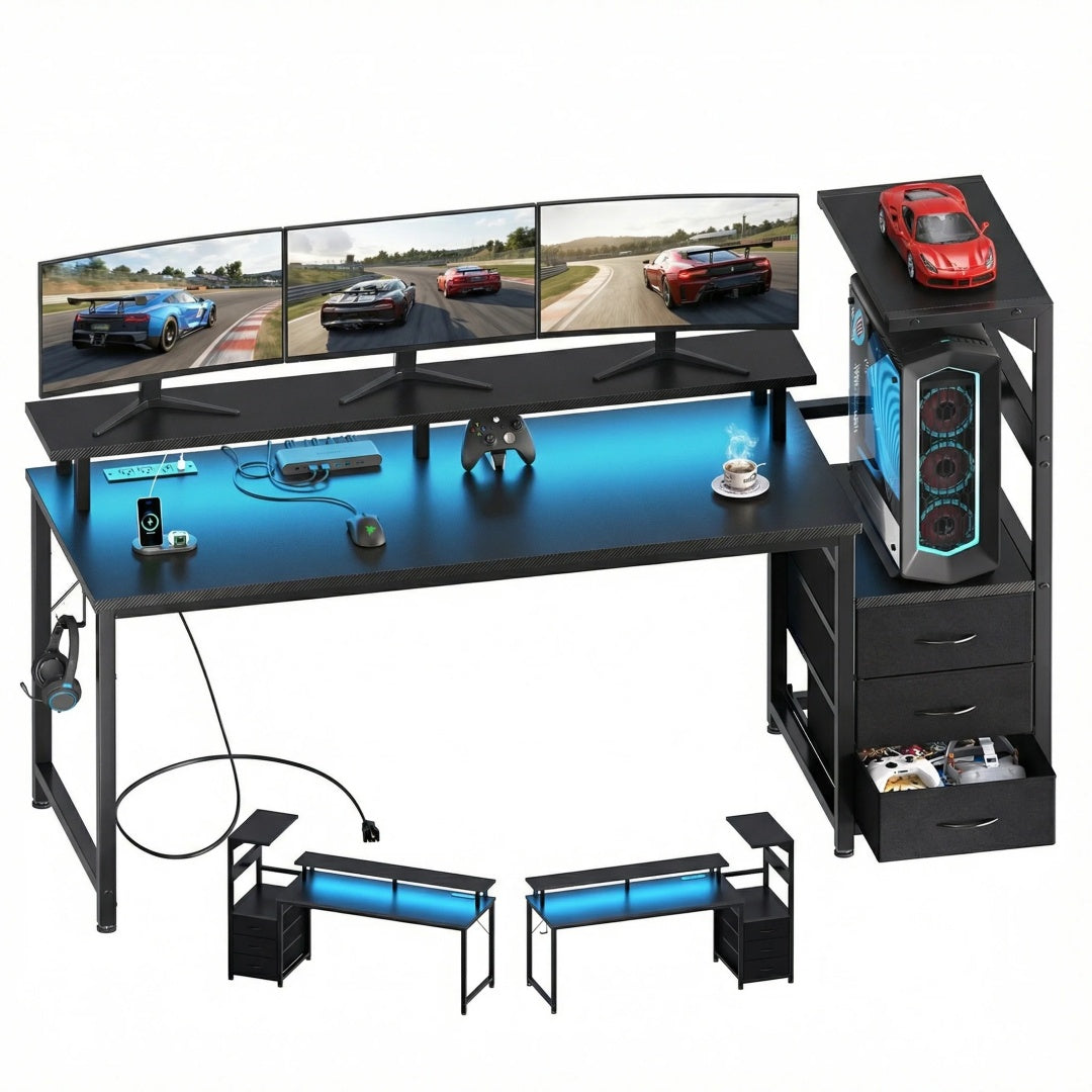 52-inch Gaming Table With Drawers And 3 Fabric Drawers, Equipped With USB Ports And LED Lights For The Computer Desk