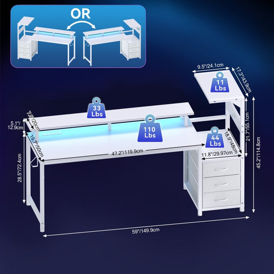 52-inch Gaming Table With Drawers And 3 Fabric Drawers, Equipped With USB Ports And LED Lights For The Computer Desk